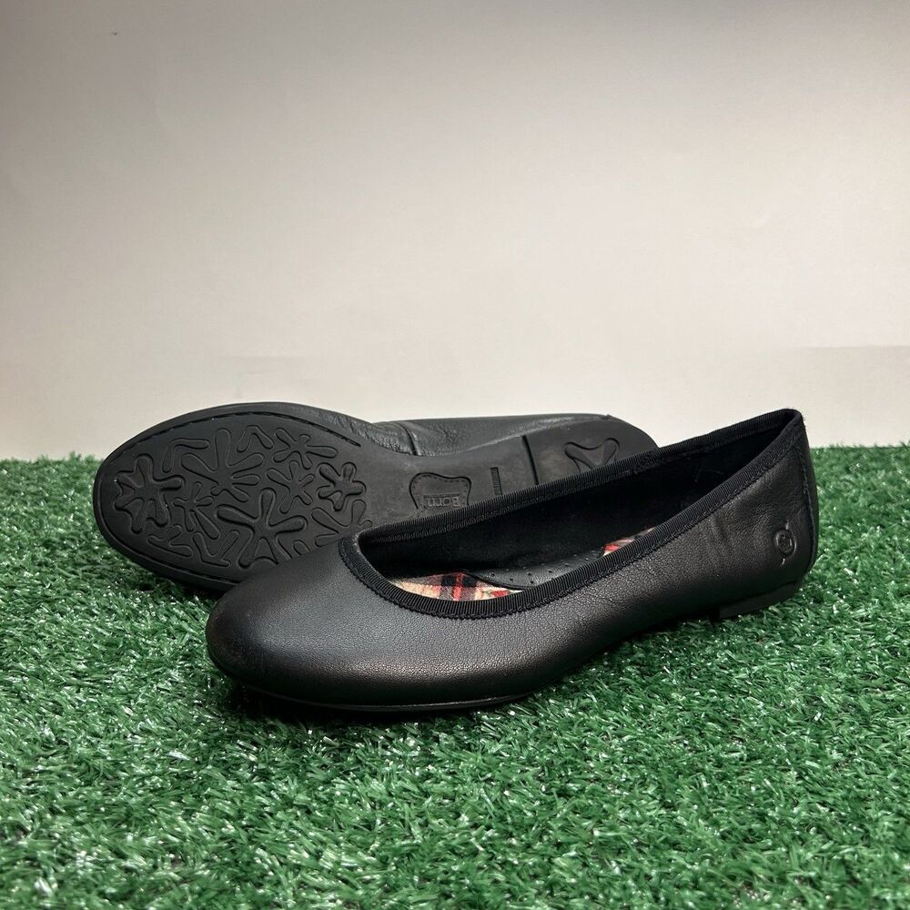 Børn Julianne Black Leather Ballet Flats Women’s Size 7.5 M Plaid Lined Comfort